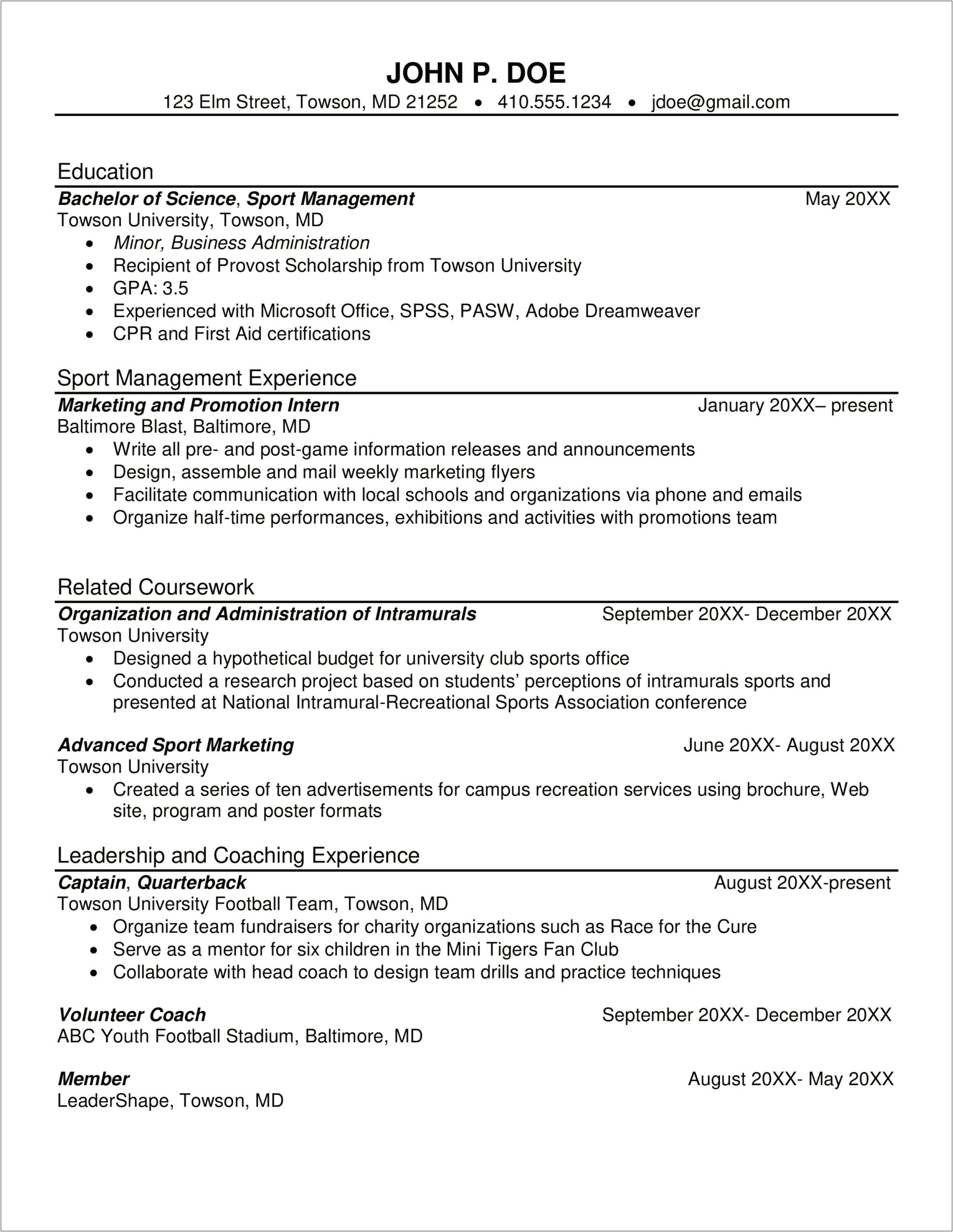 Sports Marketing Summary And Objective Section In Resume