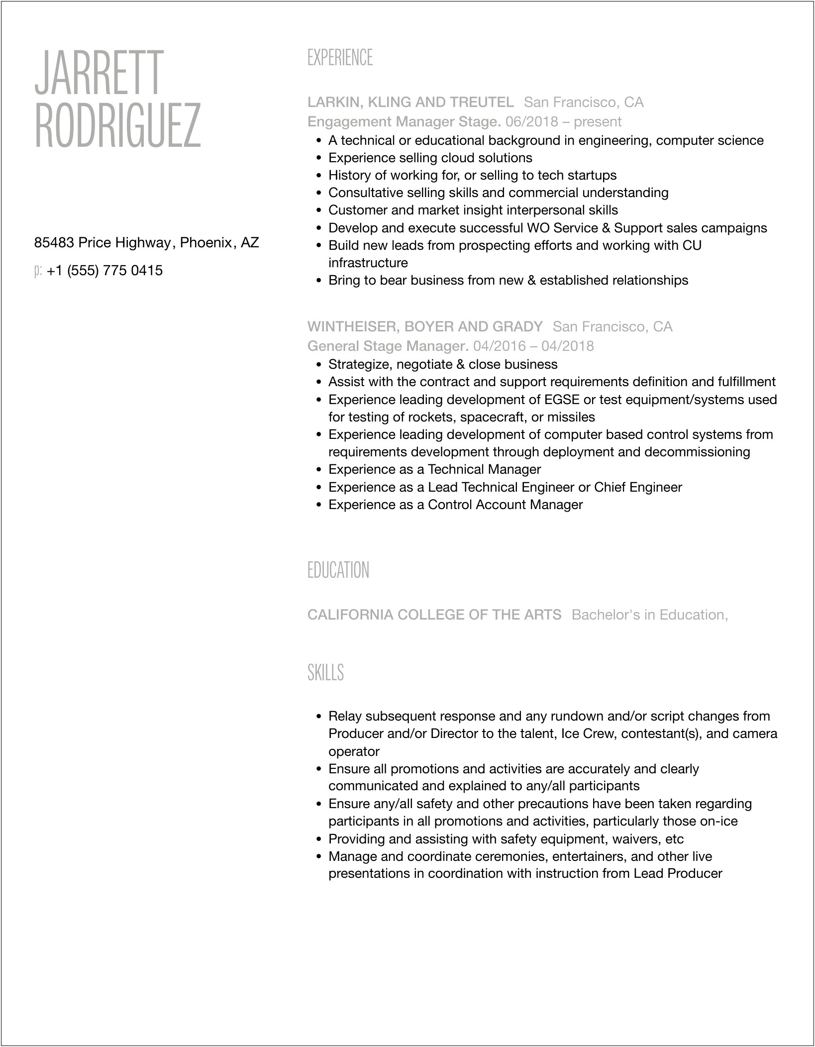 Stage Manager Resume Examples Risk Management