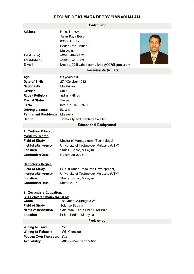Standard Resume Format For Engineers Free Download