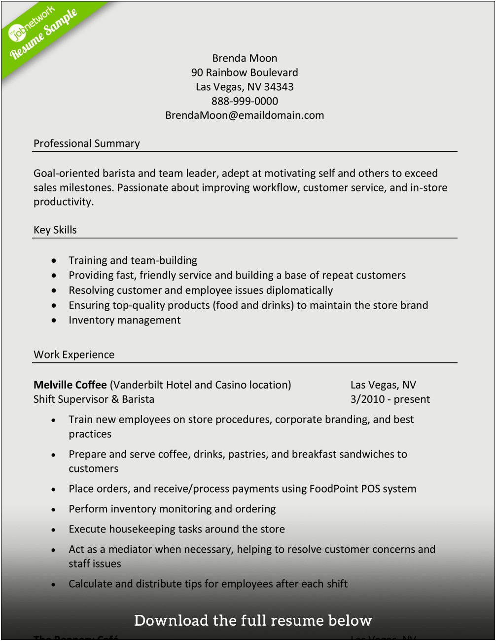 Starbucks Barista Job Duties For Resume