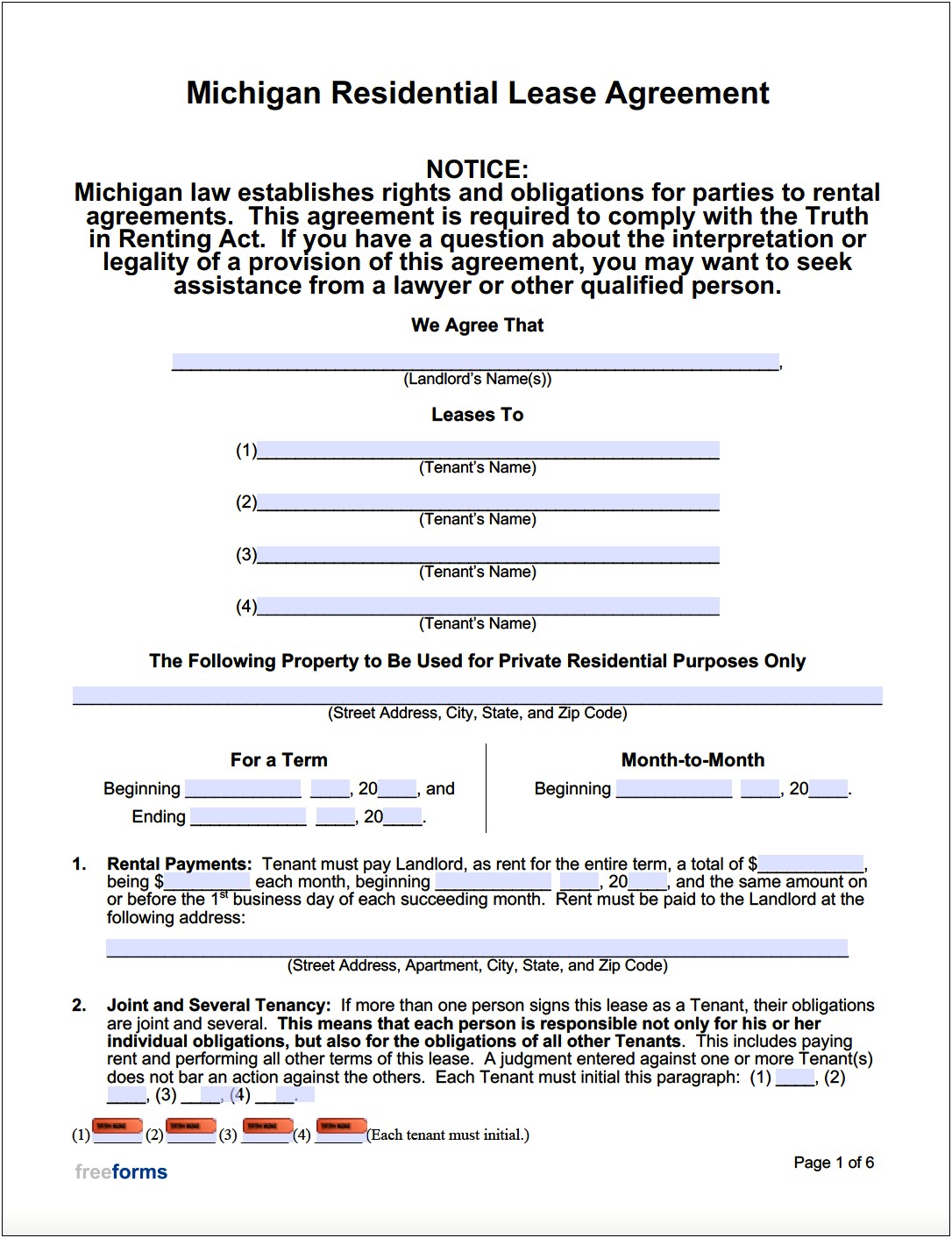 State Of Michigan Free Template Rental Leases
