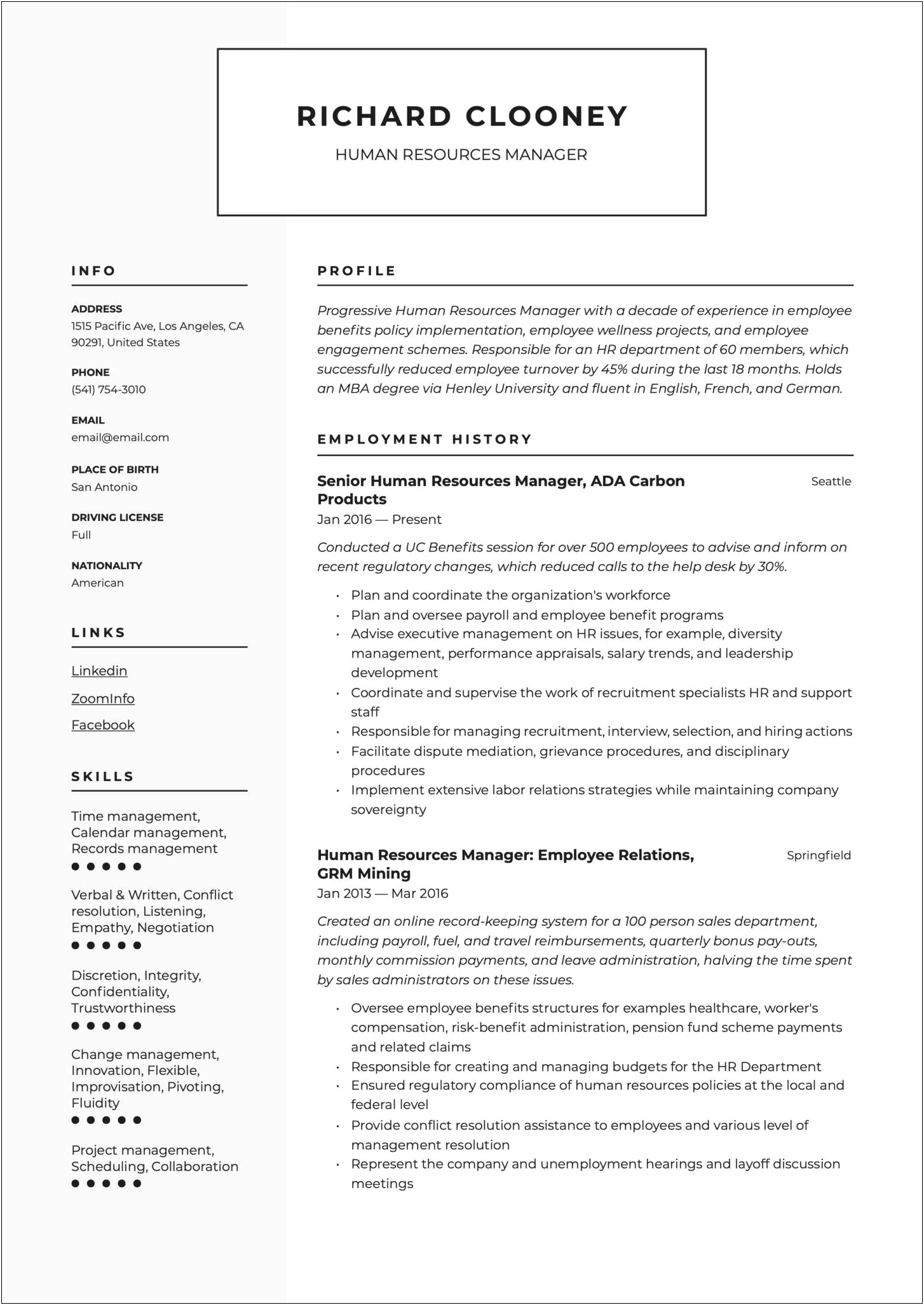 State Retention Rate In Hr Manager Resume