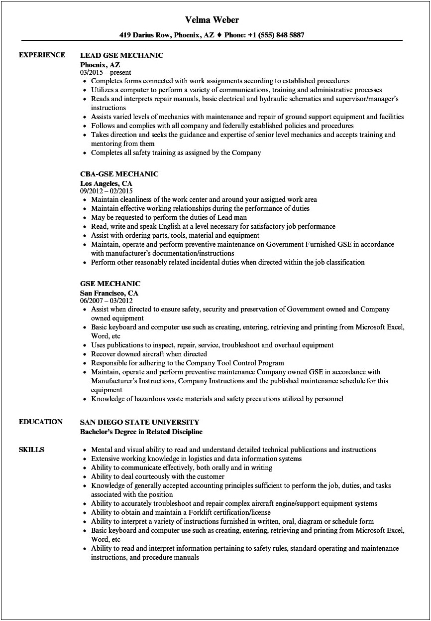 Stated Objective For A & P Mechanic Resume
