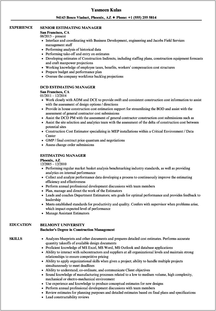 Steel Project Manager And Estimator Resume