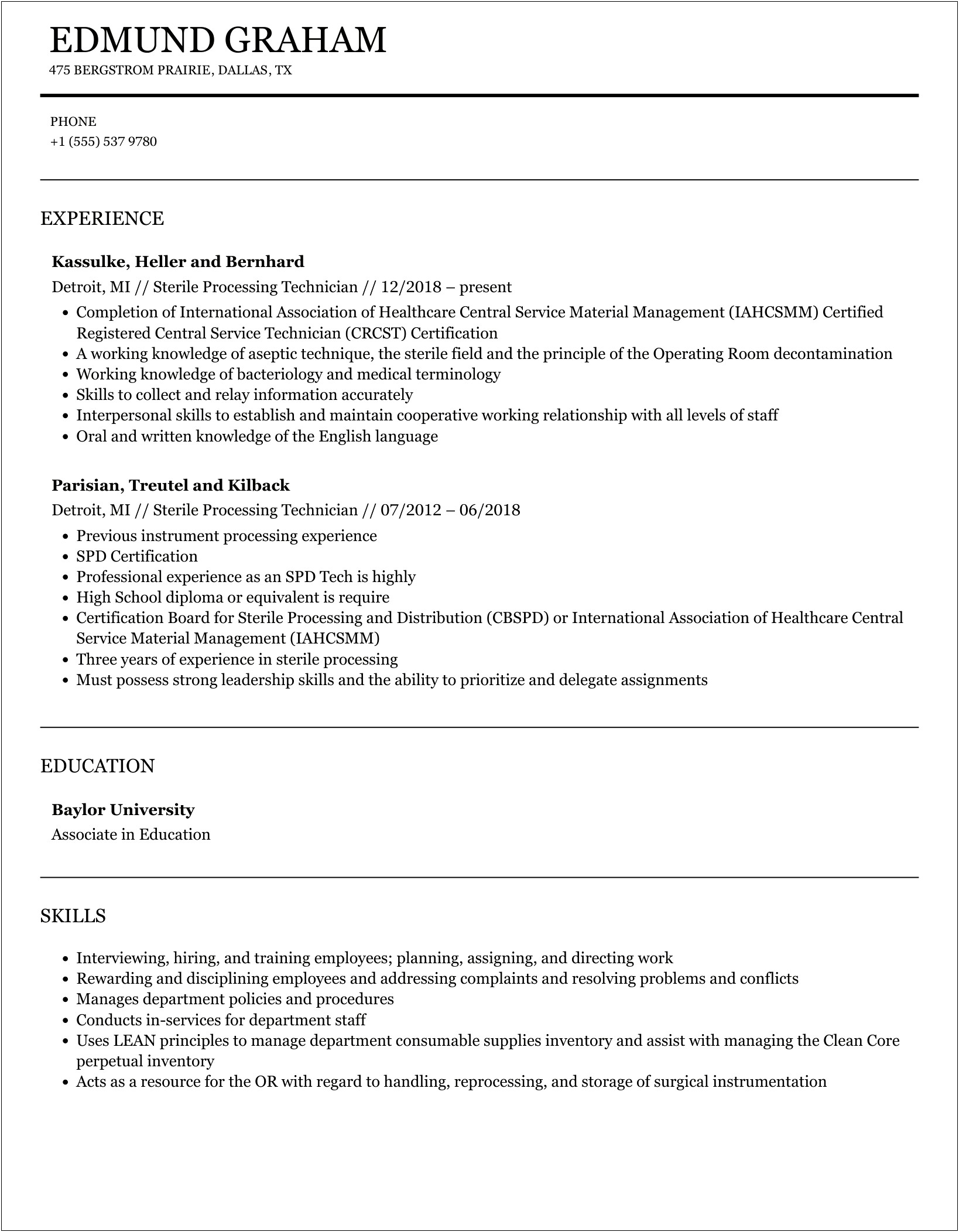 Sterile Processing Tech Job Description For Resume