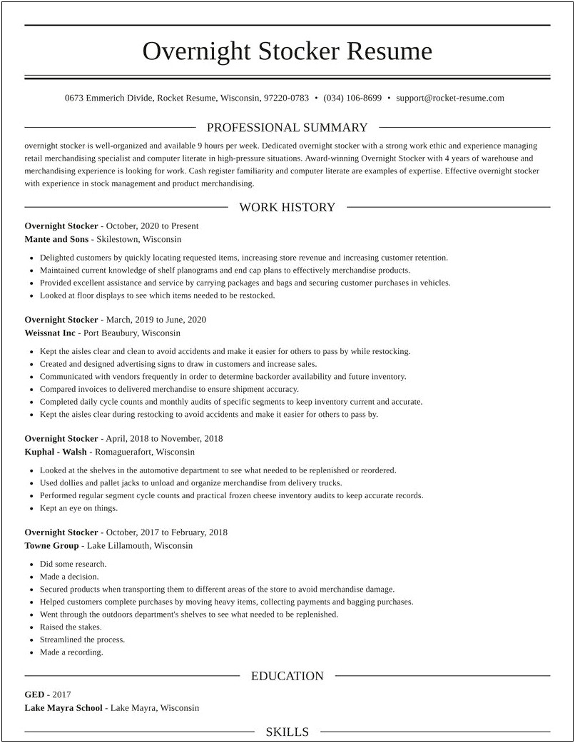 Stock Clerk Professional Summary For Resume
