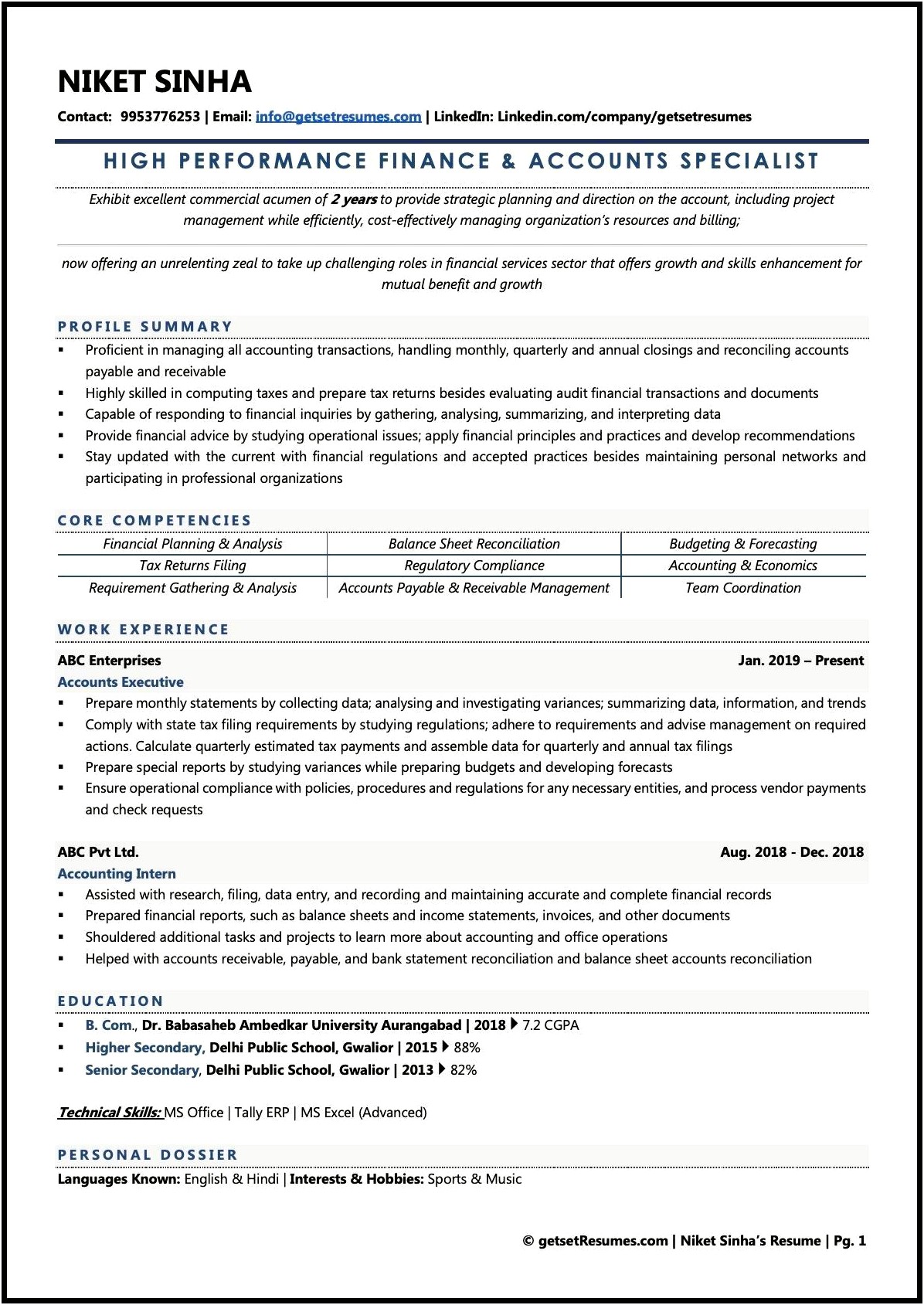 Strategic Business And Financial Planning Objective Resume