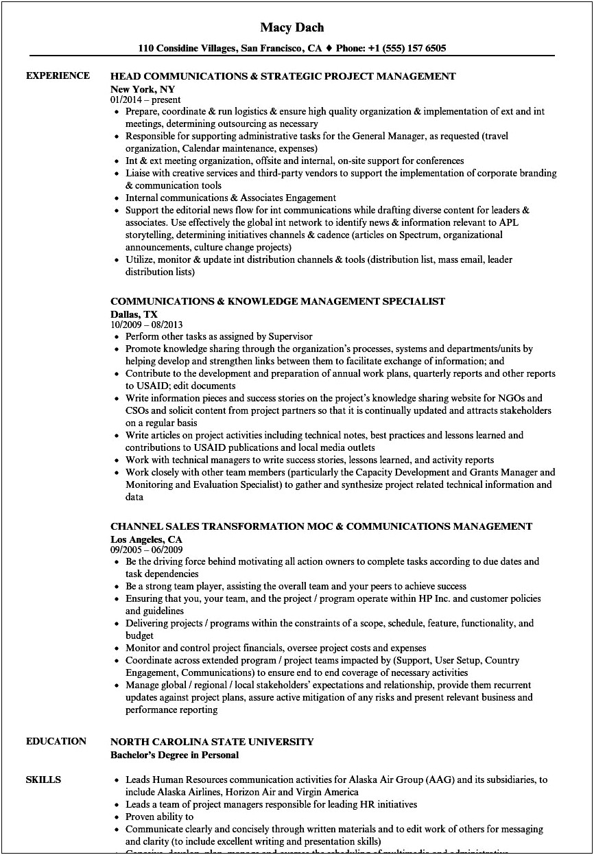 Strong Communication Management Skills In Resume