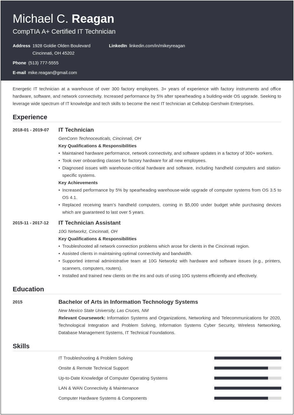Strong Summary Statement For A Computer Technician Resume