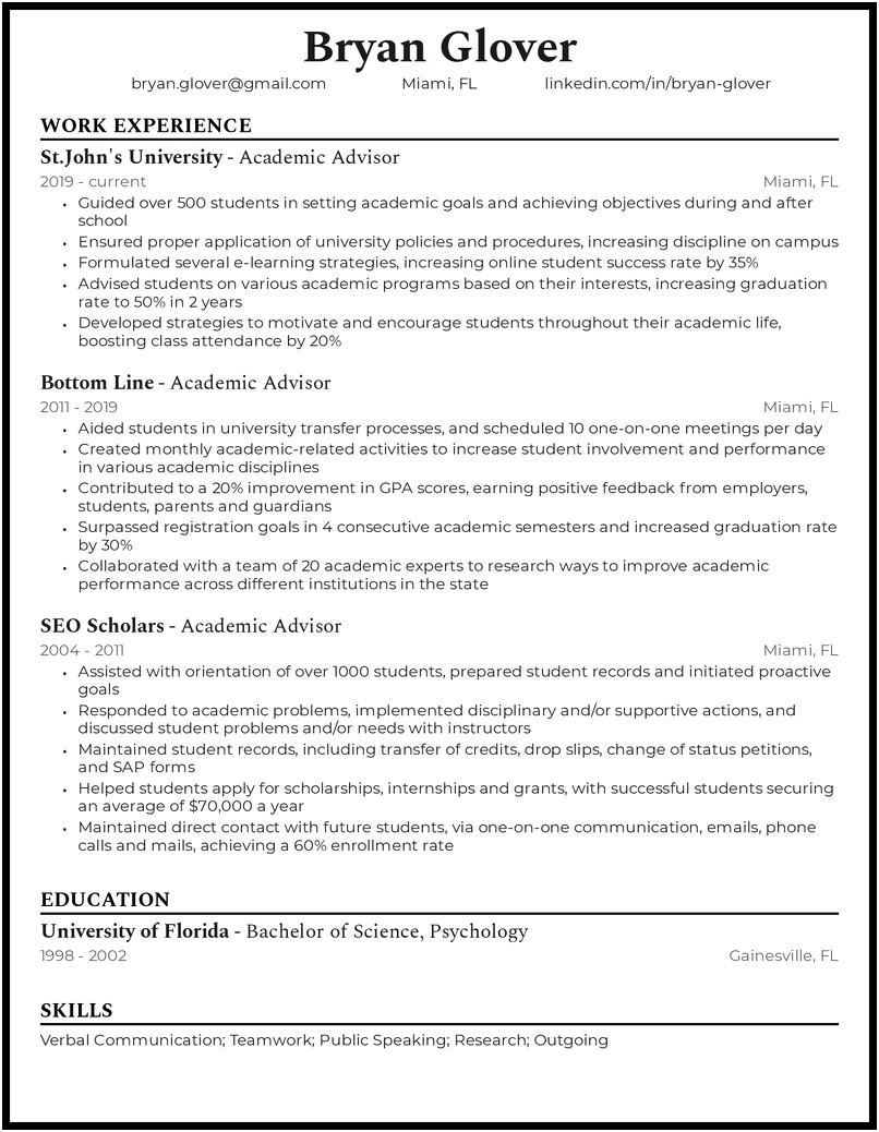 Student Advisor Job Description For Resume