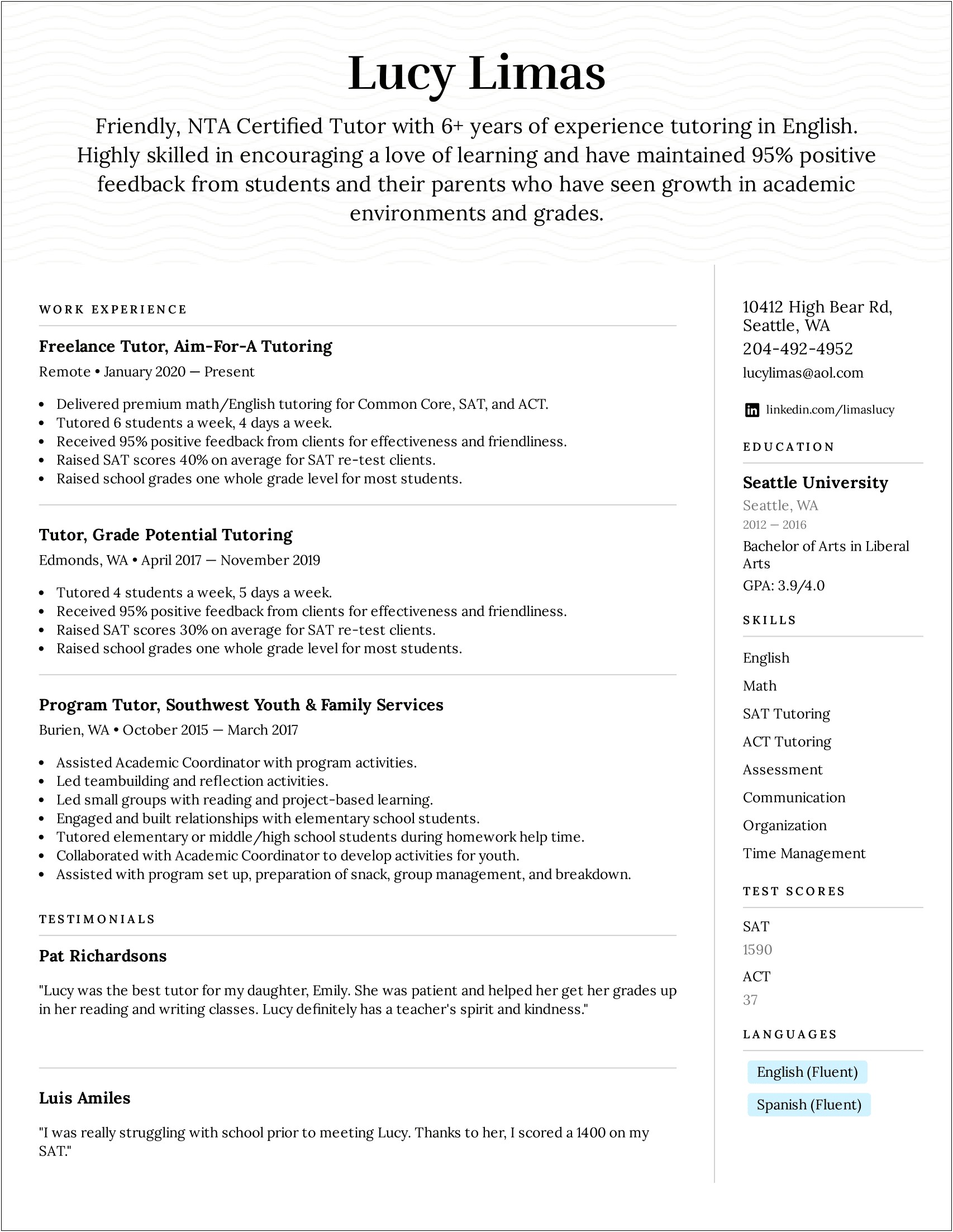 Student Math Tutor Job Description Resume