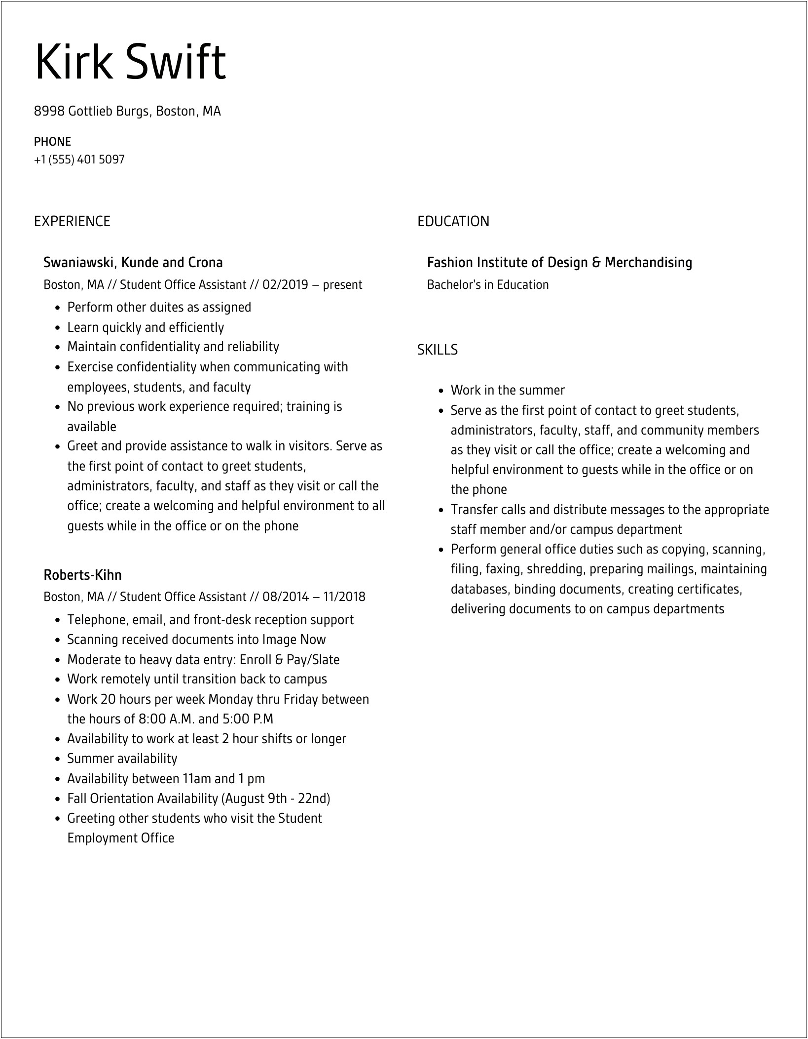Student Office Assistant Job Description Resume