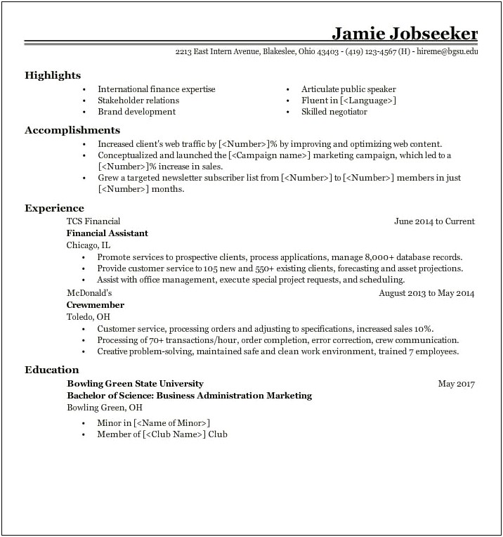 Student Resume For A Job Examples