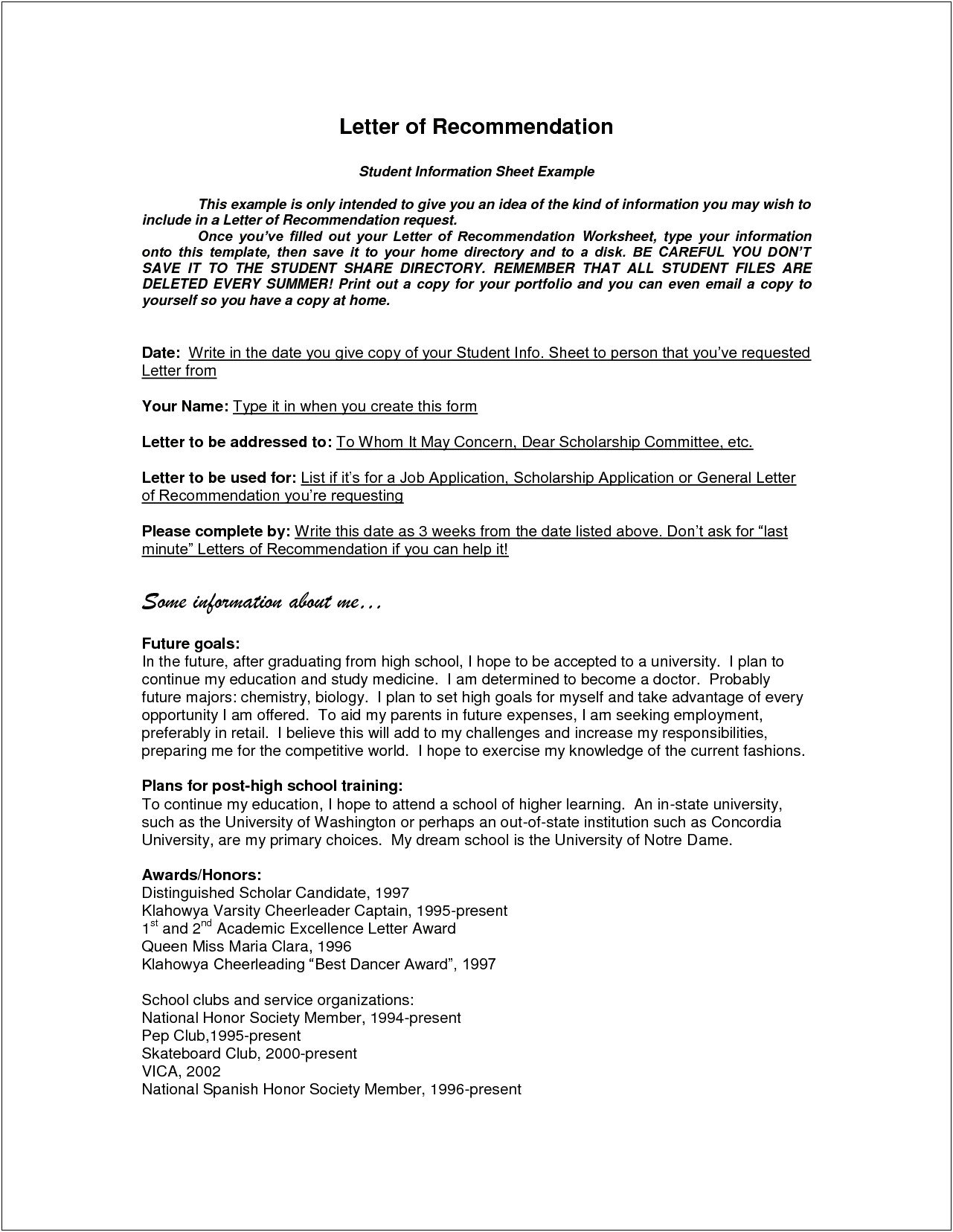 Student Resume Format For Recommendation Letter