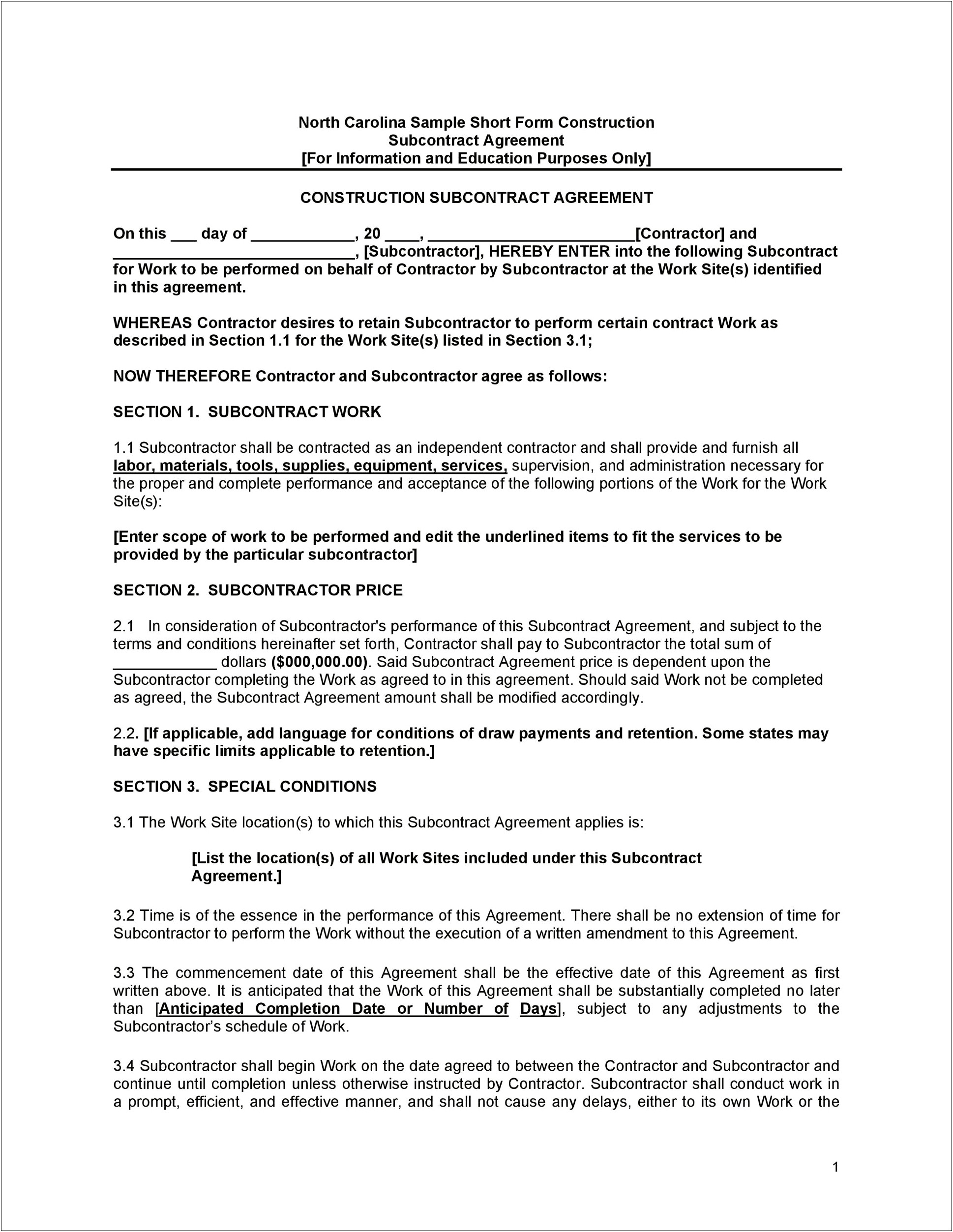 Subcontractor Agreement Free Subcontractor Agreement Template Word