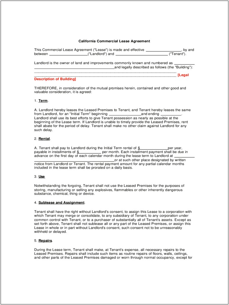 Sublease Of California Commercial Lease Agreement Template Free