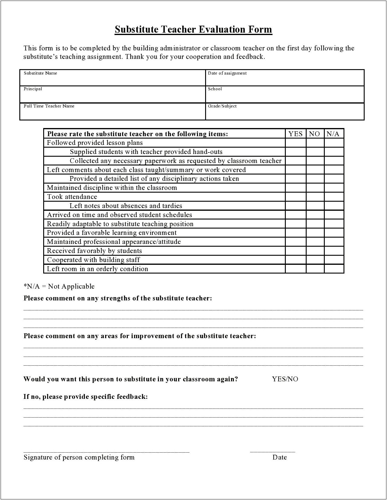 Substitute Teacher Report Template For High School Free