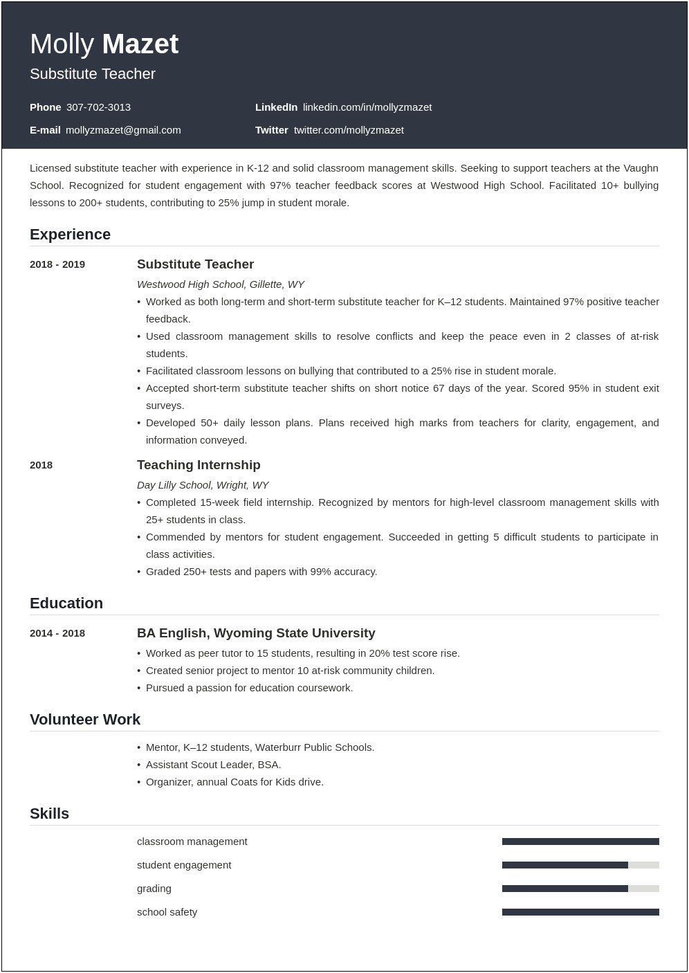 Substitute Teacher Resume With Prior Law Enforcement Experience