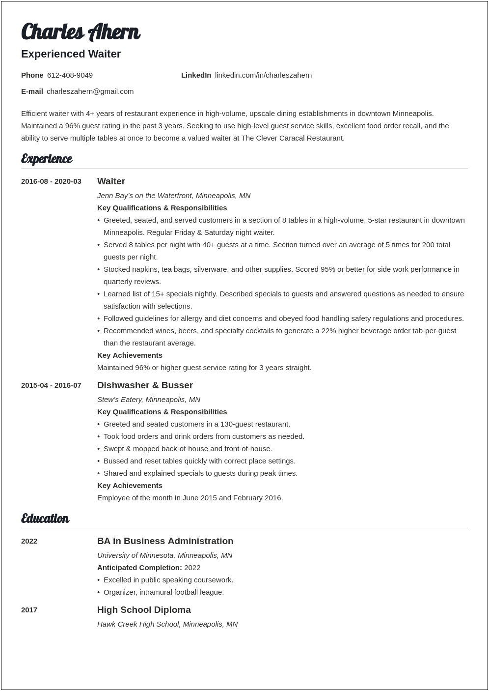 Sugar Factory Waitress Job Description For Resume
