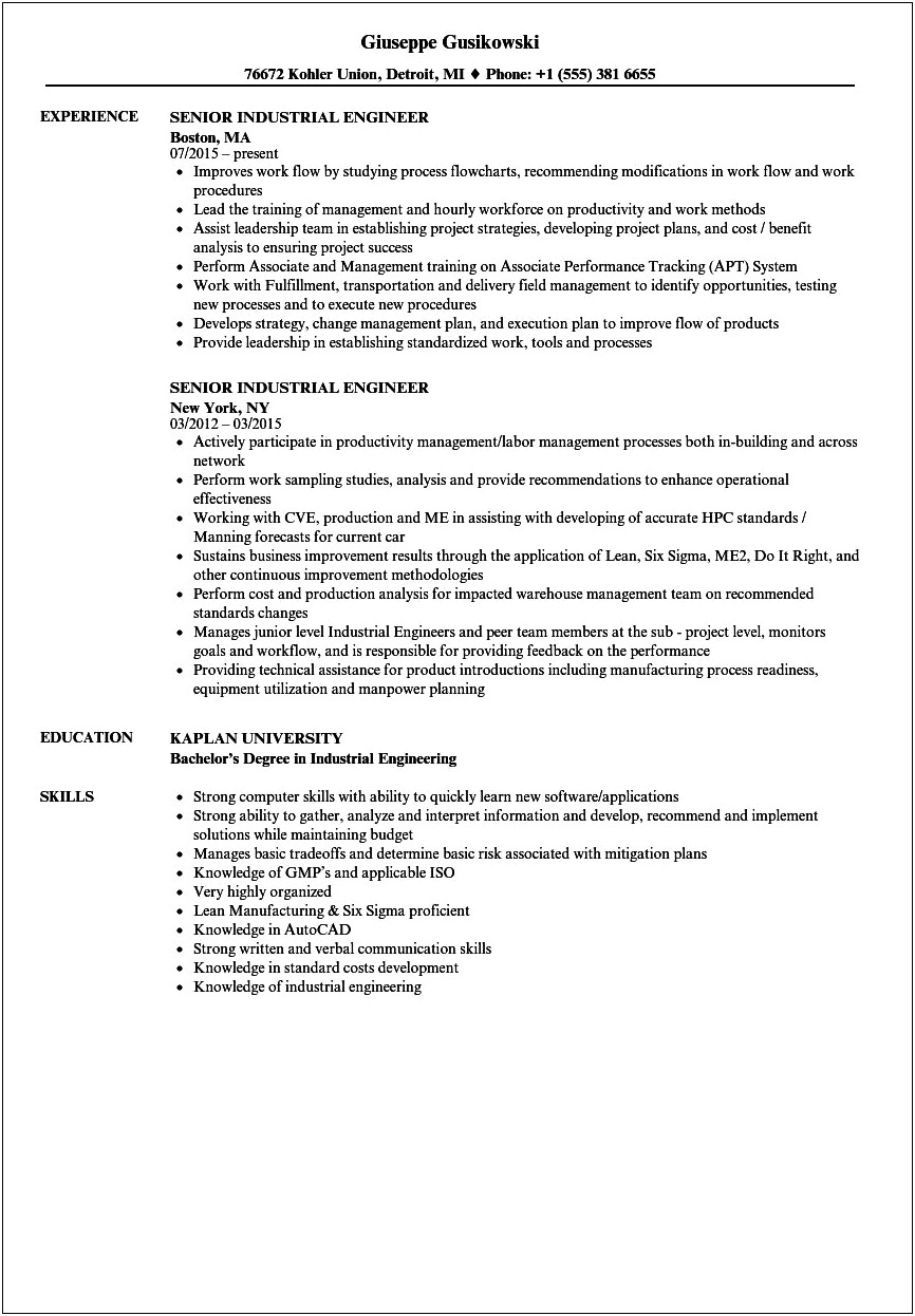 Summary Examples For Resume Industrial Engineers