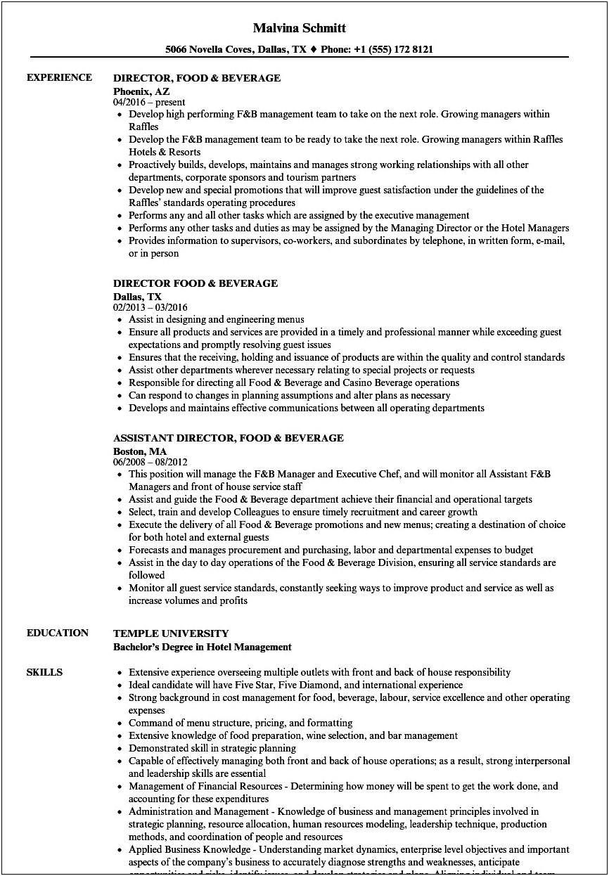 Summary Food And Beverage Director Resume