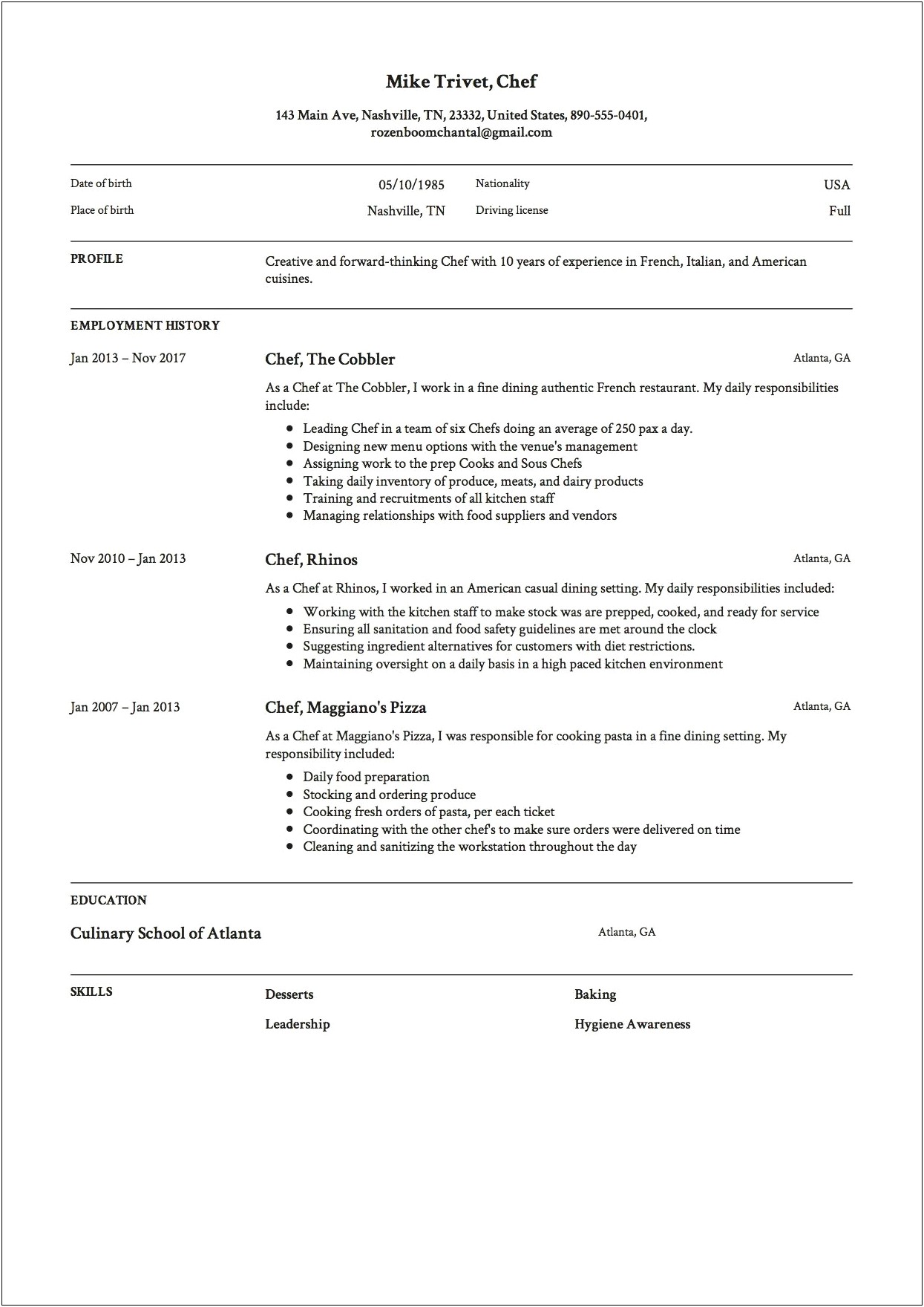 Summary For A Cook Resume Copy And Paste