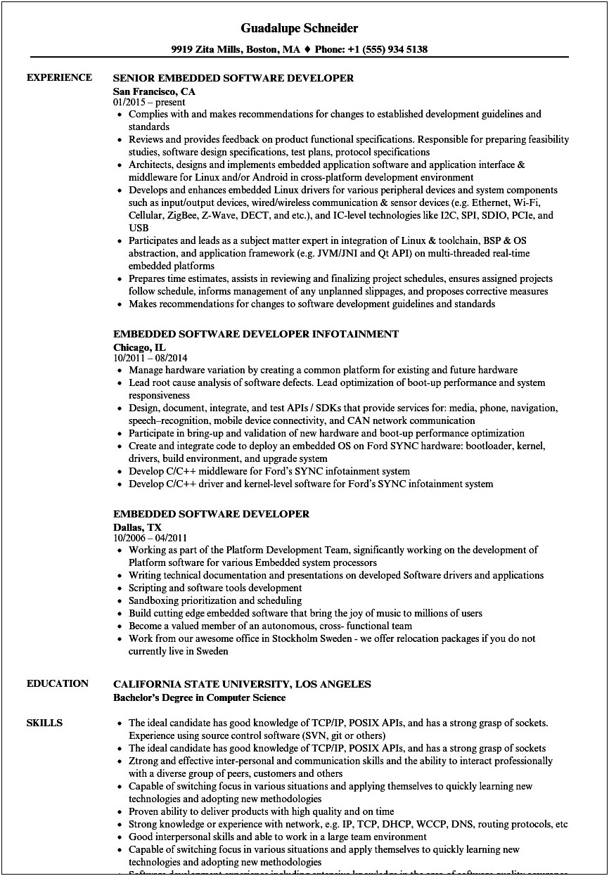 Summary For A Embedded System Engineer Resume