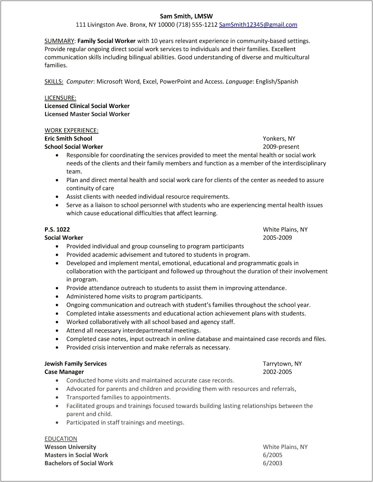 Summary For A Resume Social Worker