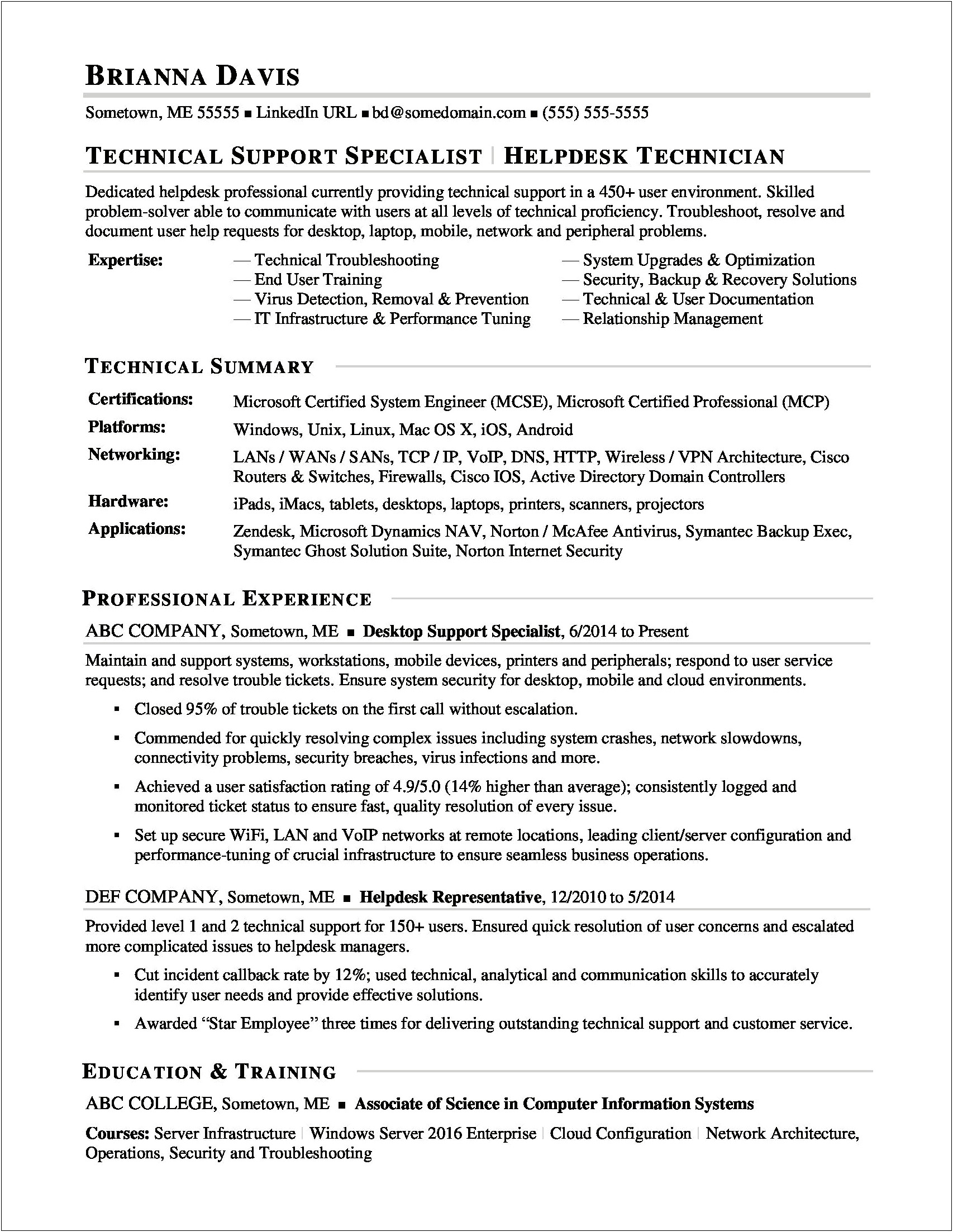 Summary For A Technical Support Resume