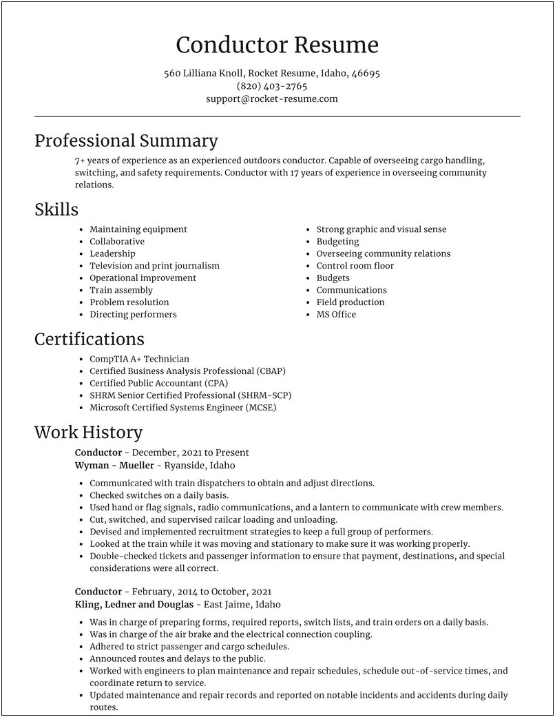 Summary For A Train Conductor Resume