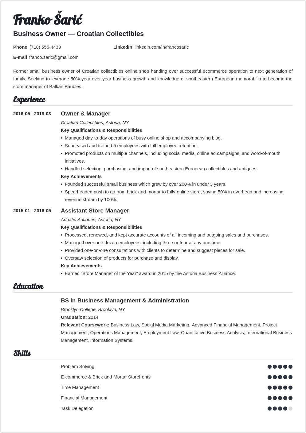 Summary For Business Owner On Resume
