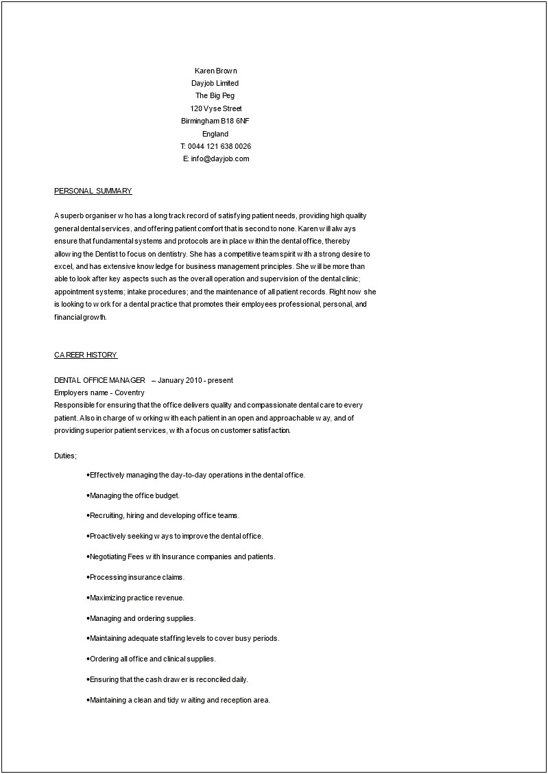 Summary For Dental Office Manager On Resume