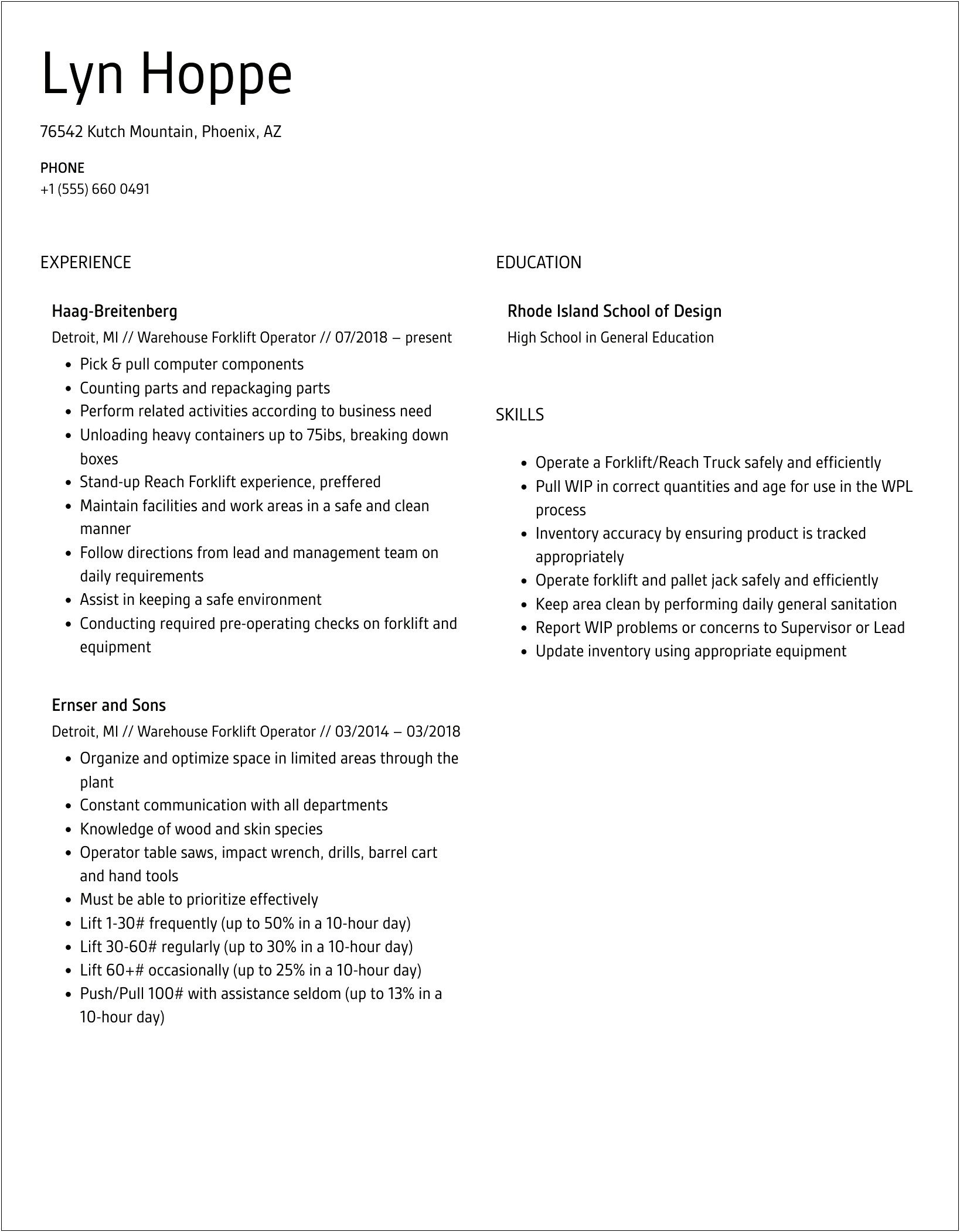 Summary For Light Industrial And Forklify Driving Resume