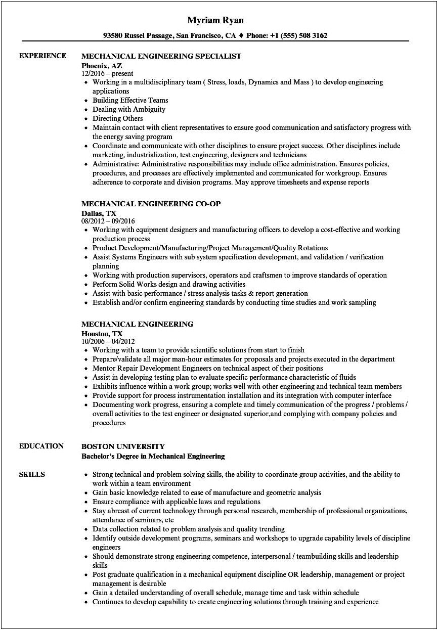 Summary For Resume Example Of Mechanical Engineer