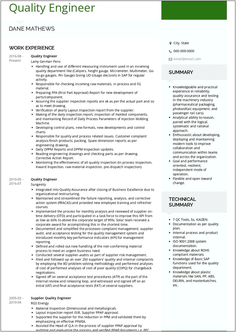 Summary For Resume Examples Quality Engineer