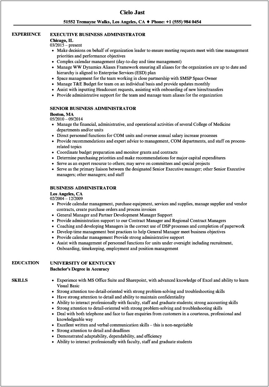Summary For Resume For Business Administration