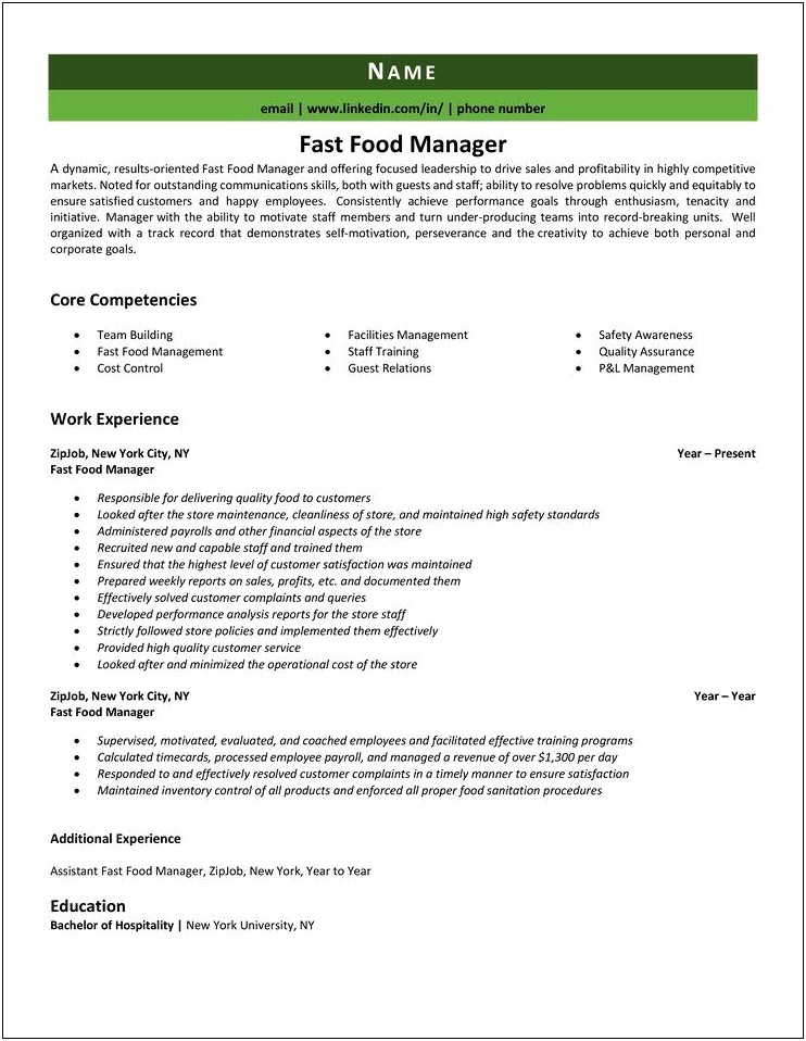 Summary For Resume For Fast Food