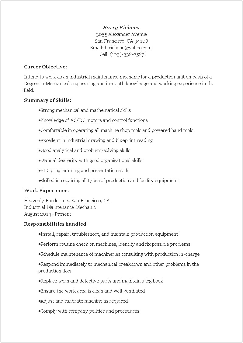Summary For Resume For Light Industrial
