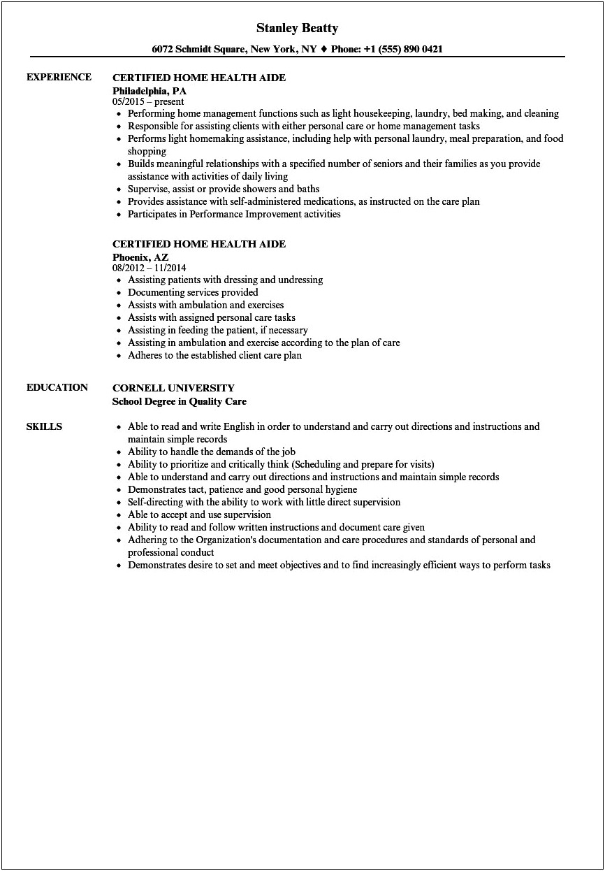 Summary For Resume Home Health Aide