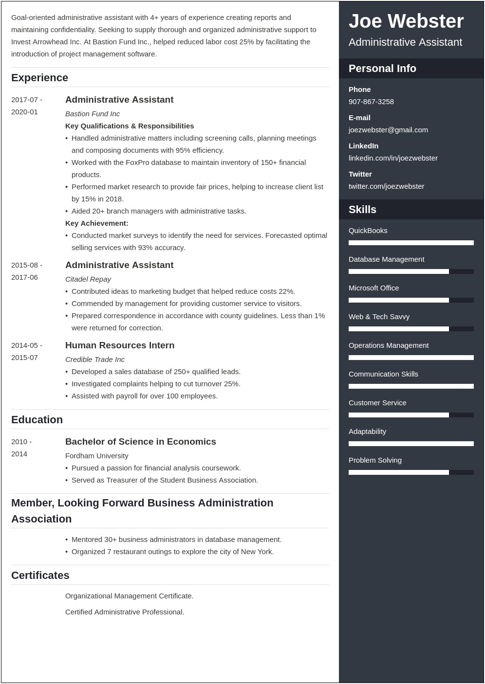 Summary For Resume Student Business Management