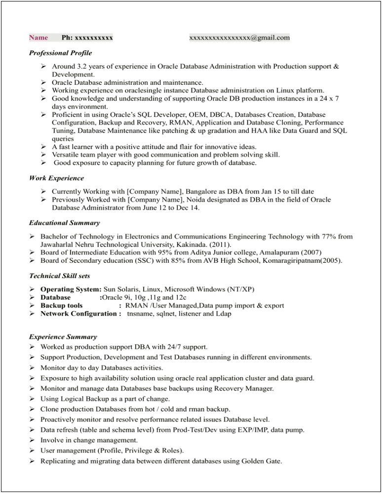 Summary In Resume For Database Engineer
