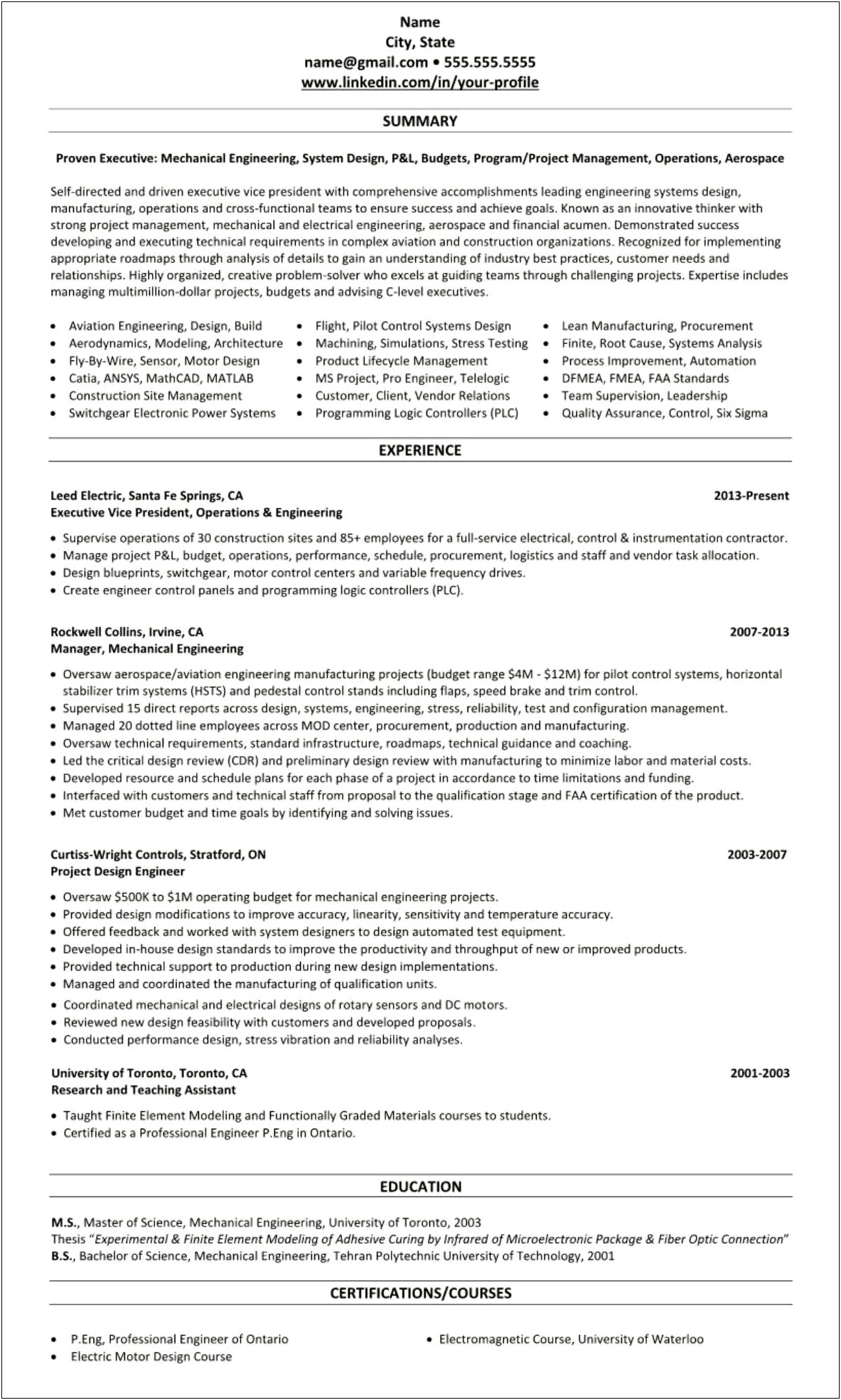 Summary In Resume For Electrical Engineer