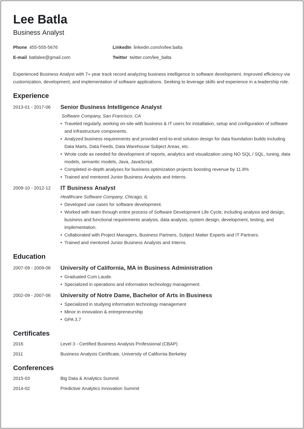Summary Of A Business Analyst In Resume