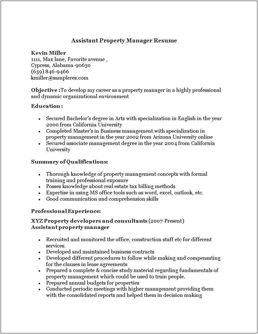 Summary Of Apartment Managerr On Resume