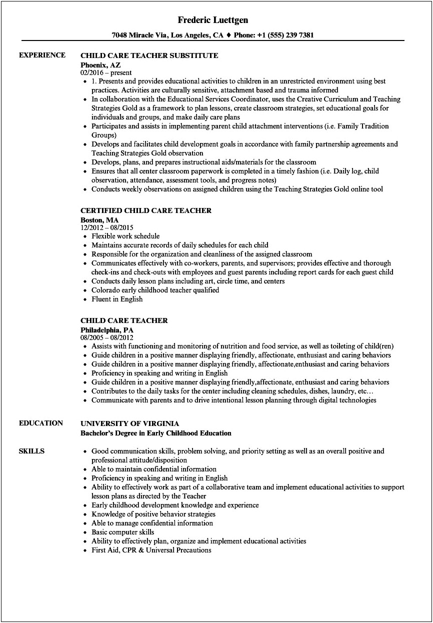 Summary Of Daycare Teacher For Resume