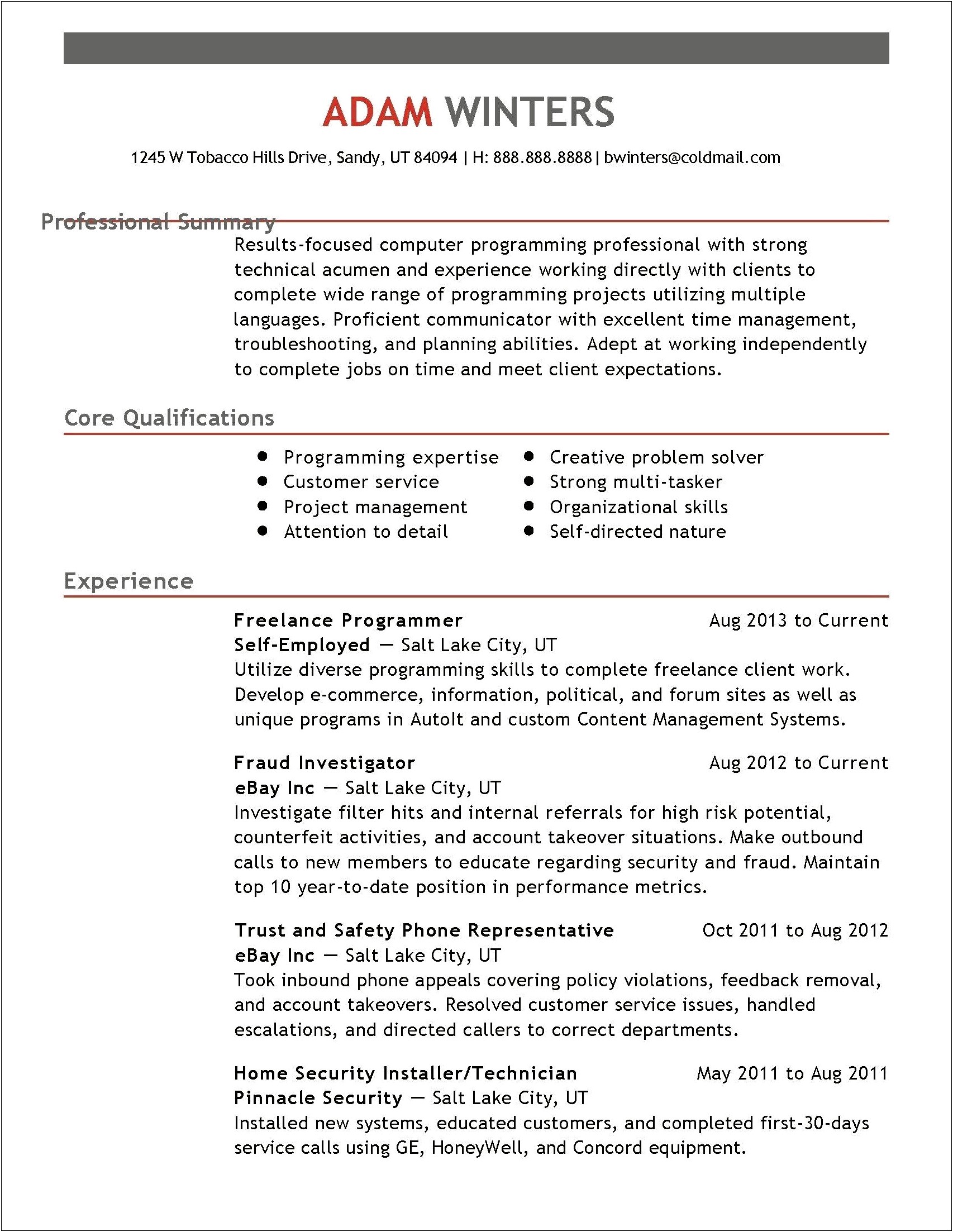 Summary Of Qualifications Computer Programmer Resume