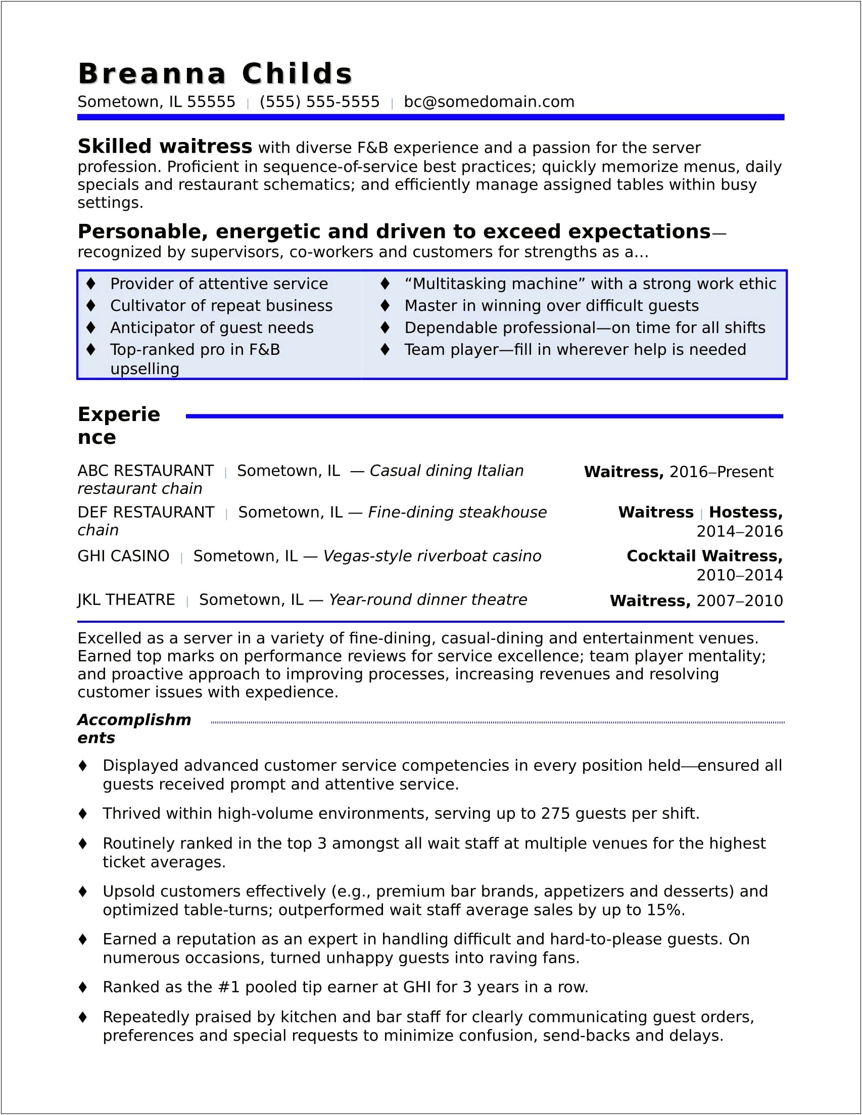 Summary Of Qualifications Examples For Server Resume