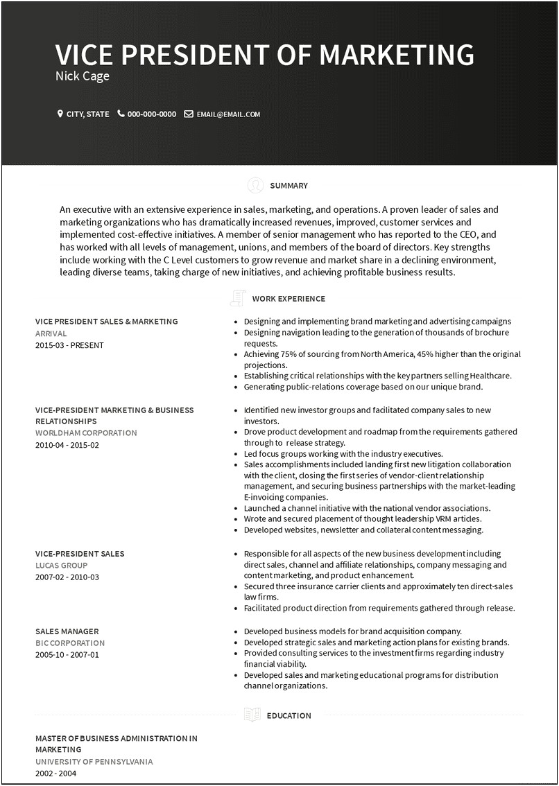 Summary Of Qualifications For A Vice President Resume