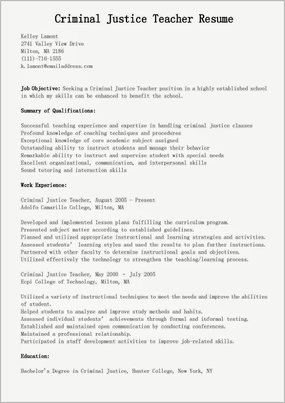 Summary Of Qualifications For Criminal Justice Resume