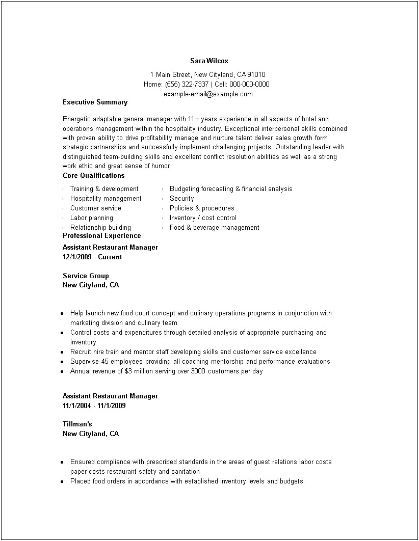 Summary Of Qualifications For Resume Restaurant Manager